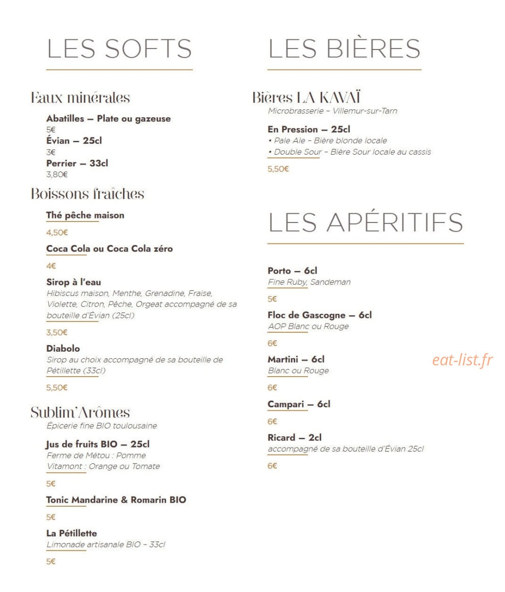 Carte et menu de Le Manoir du Prince à Portet sur Garonne — Les apéritifs, softs et bières