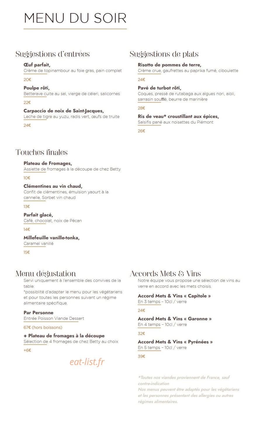 Carte et menu de Le Manoir du Prince à Portet sur Garonne — Menu du soir