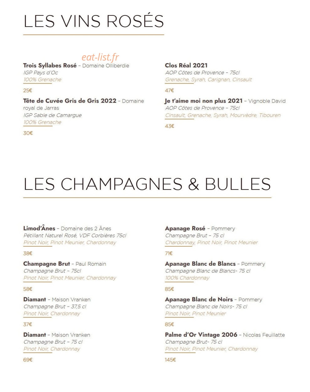 Carte et menu de Le Manoir du Prince à Portet sur Garonne — Les vins rosés, champagnes et bulles