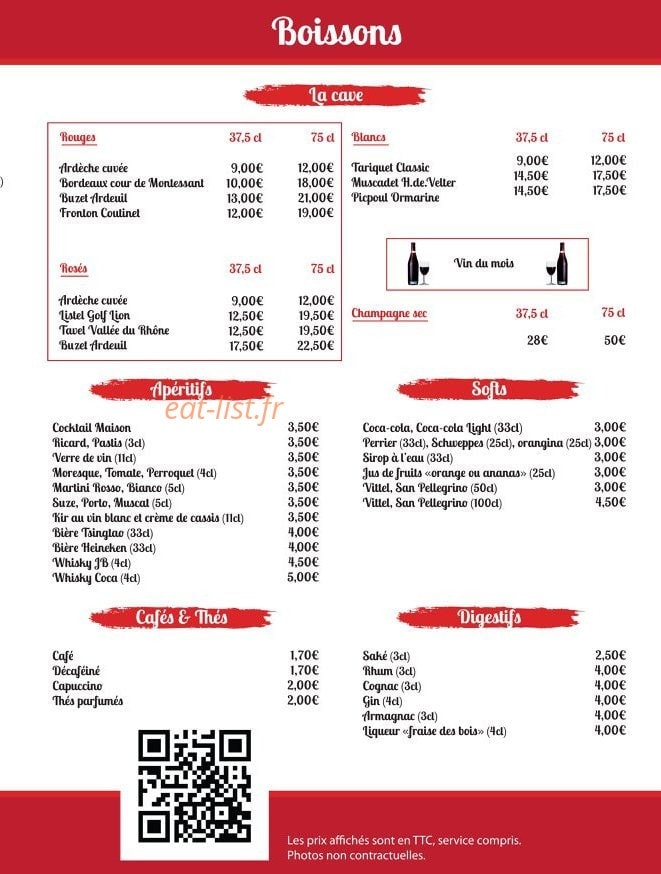 Carte et menu de Les Vallées d'Asie à Portet sur Garonne — Boissons