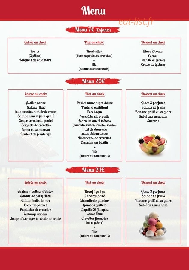 Carte et menu de Les Vallées d'Asie à Portet sur Garonne — Menus