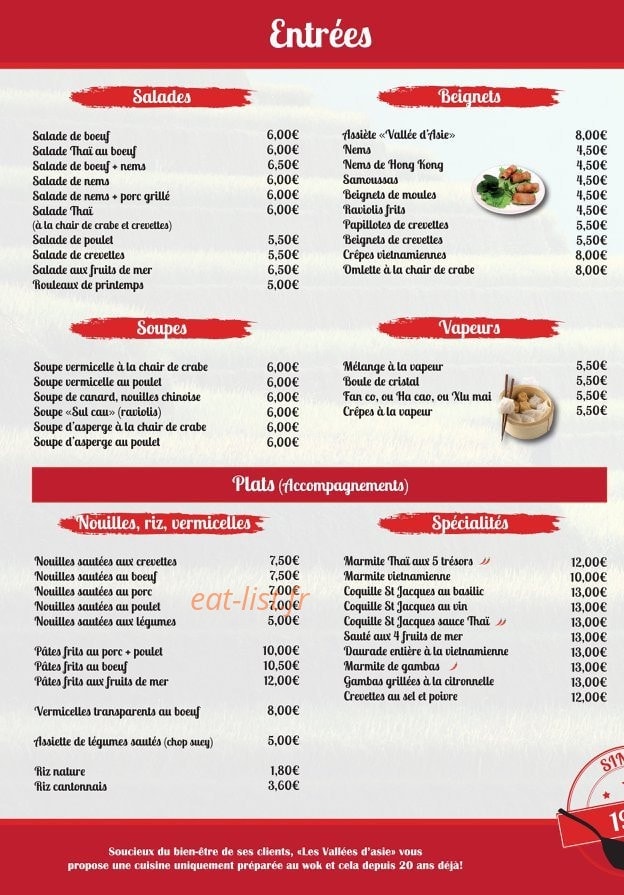Carte et menu de Les Vallées d'Asie à Portet sur Garonne — Entrées