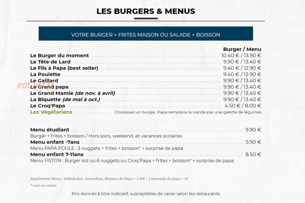 Les Burgers de Papa — carte page 2