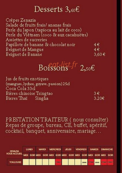 Carte et menu de Zenazia à Quint Fonsegrives — Boissons et desserts