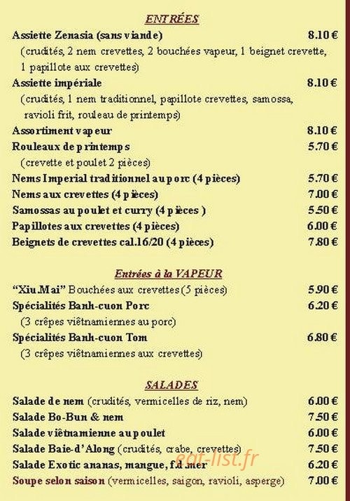 Carte et menu de Zenazia à Quint Fonsegrives — Entrées