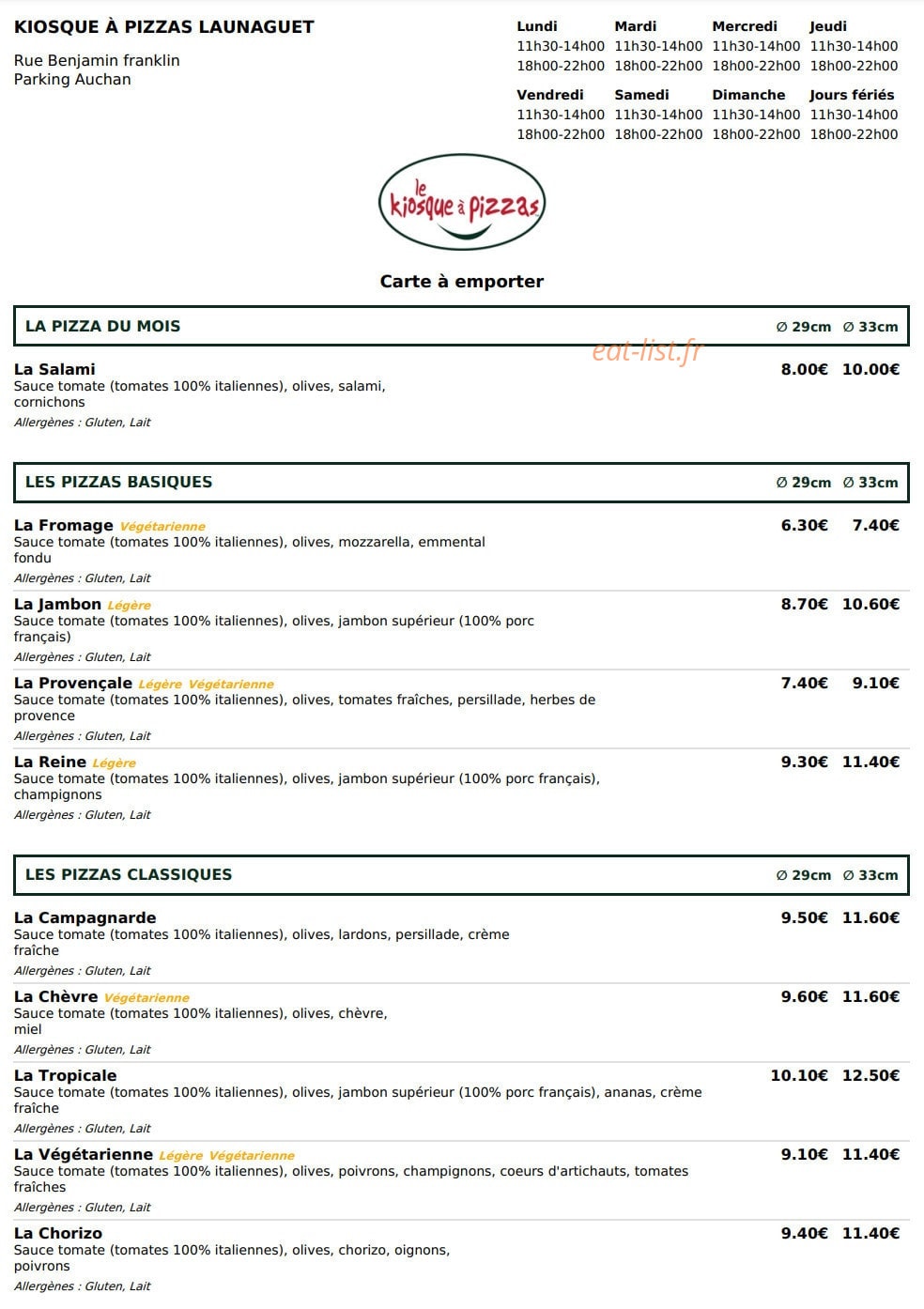 Le Kiosque à Pizzas — carte page 1