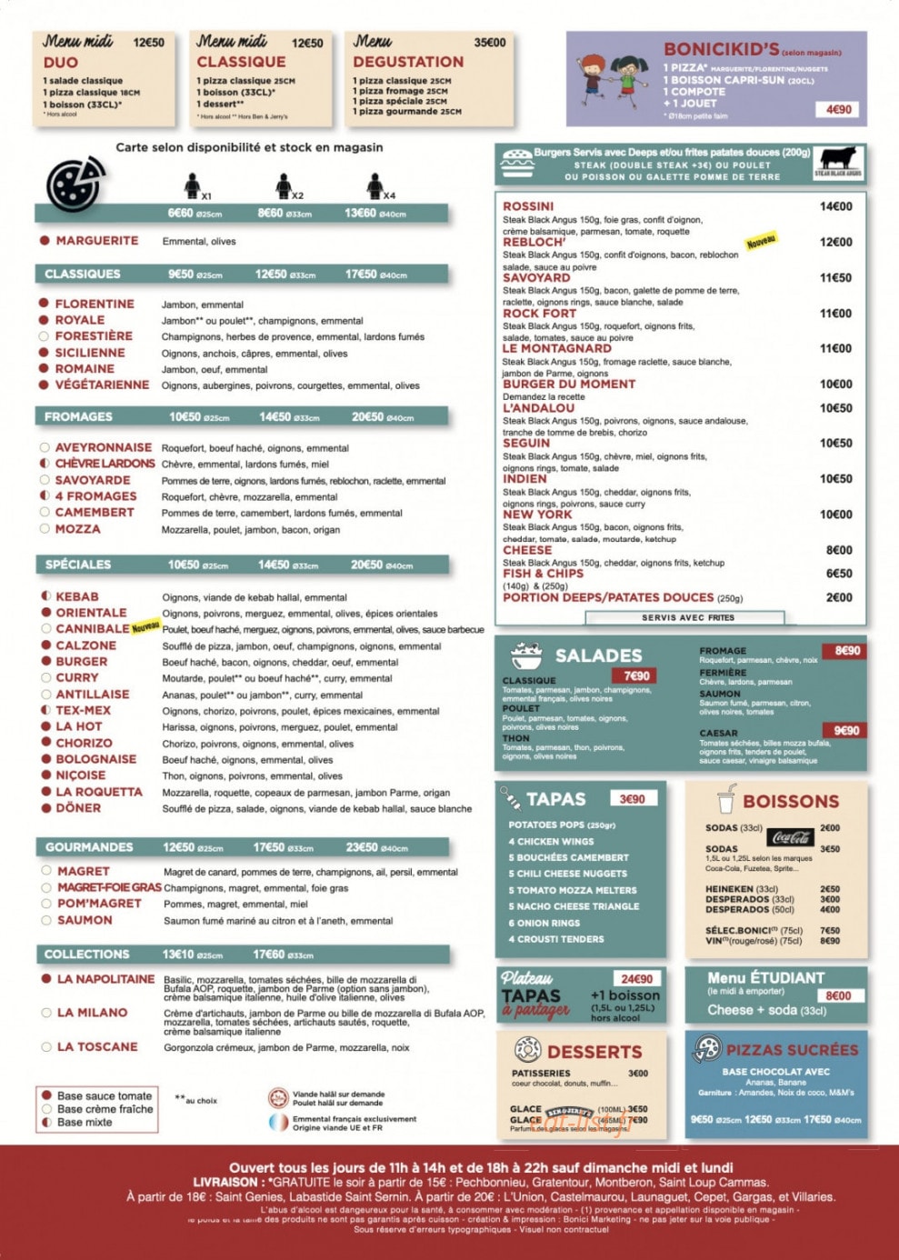 Carte et menu de Pizzeria Bonici à Pechbonnieu — La carte