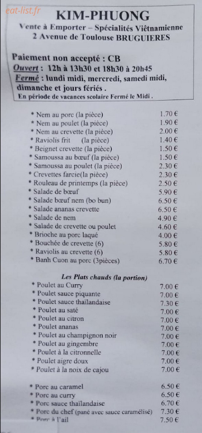 Carte et menu de Kim Phuong à Bruguieres — Les nems, salades, ...