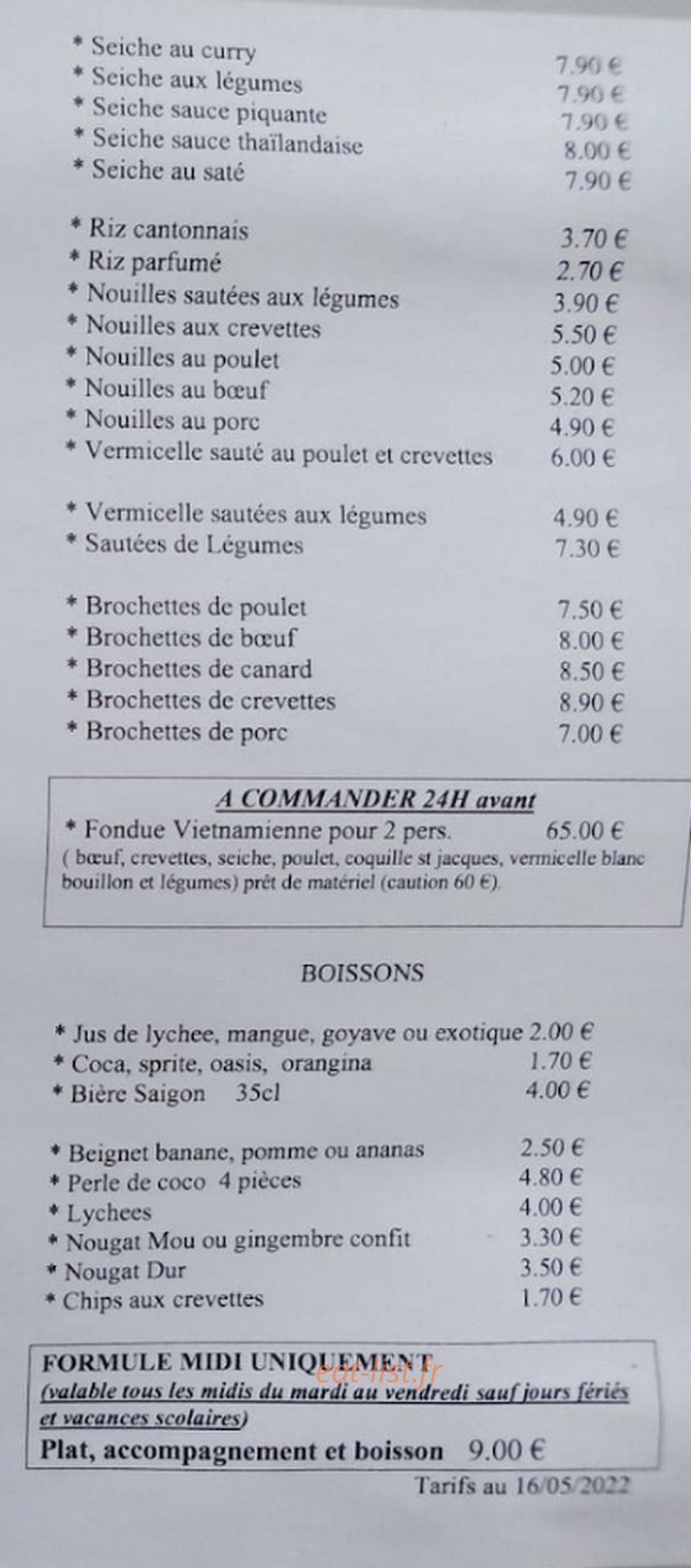 Carte et menu de Kim Phuong à Bruguieres — Les plats chauds (suite), desserts, ...