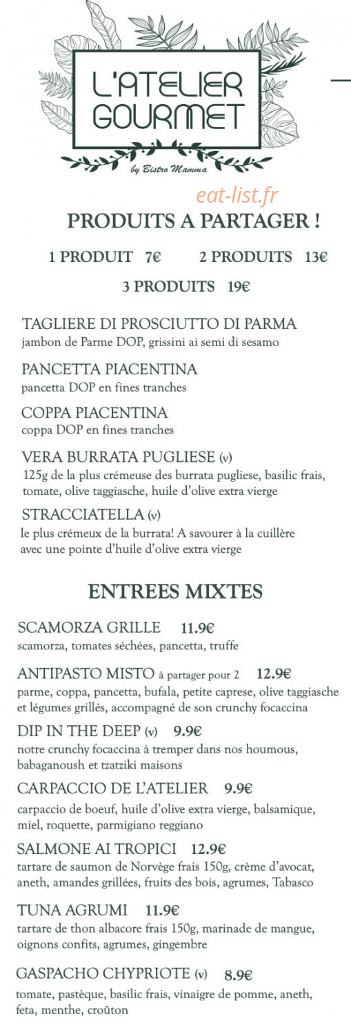 L'Atelier Gourmet — carte page 1