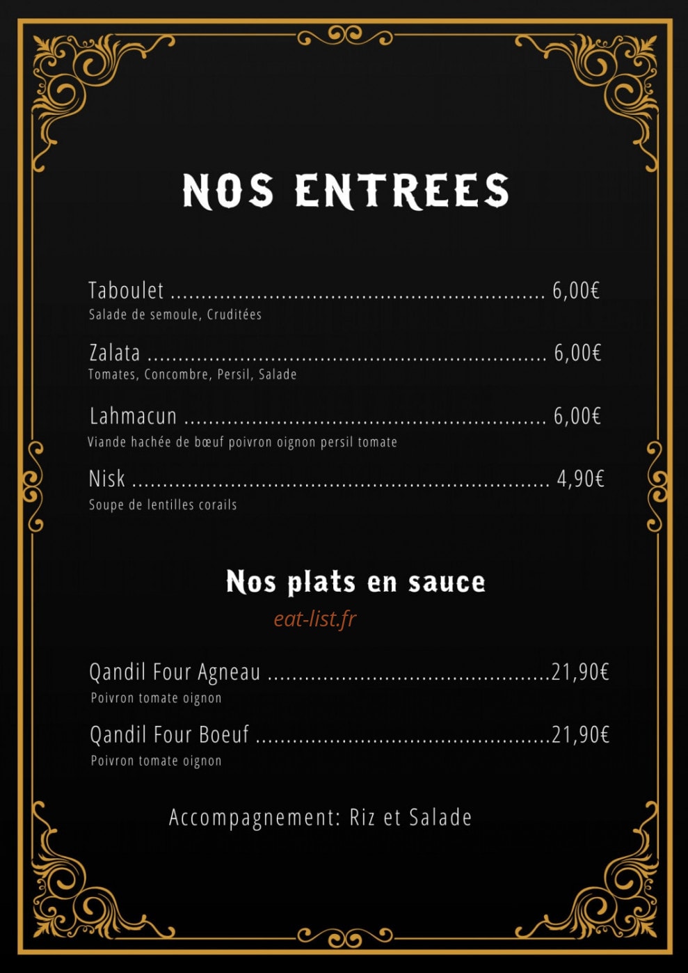 Carte et menu de Qandil Grill à Fenouillet — Les entrées