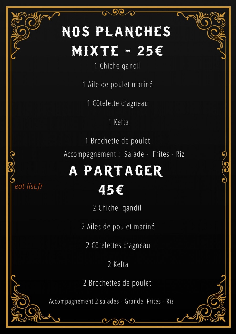 Carte et menu de Qandil Grill à Fenouillet — Les planches