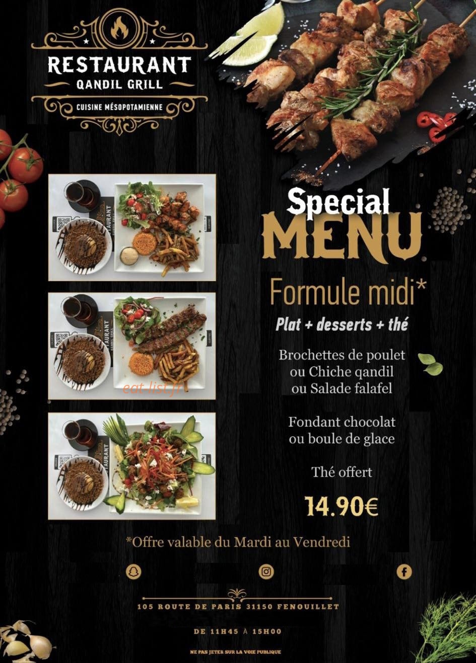 Carte et menu de Qandil Grill à Fenouillet — La formule spéciale