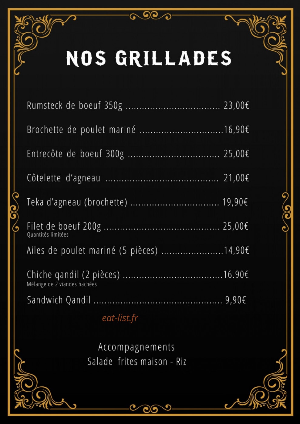 Carte et menu de Qandil Grill à Fenouillet — Les grillades