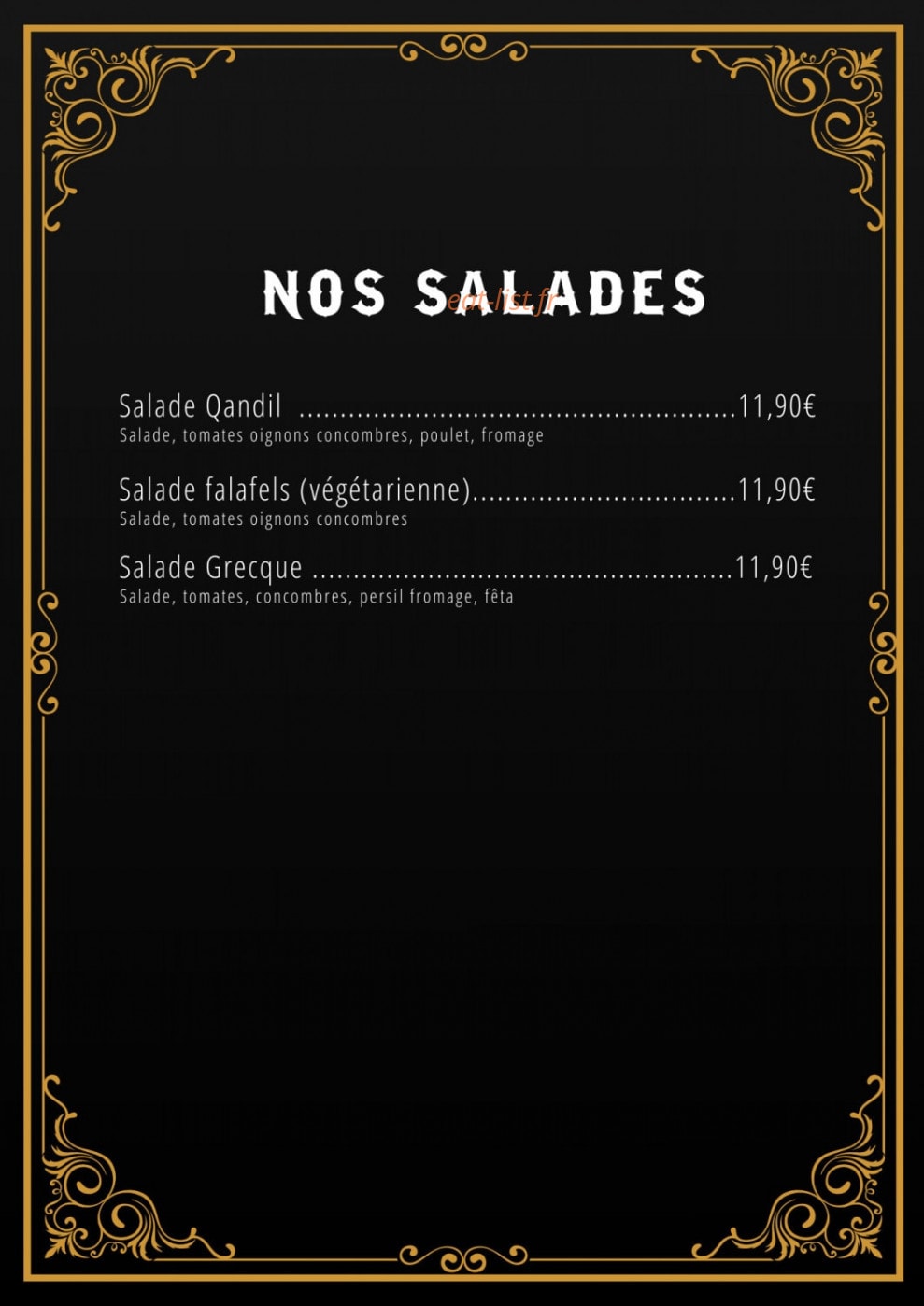 Carte et menu de Qandil Grill à Fenouillet — Les salades