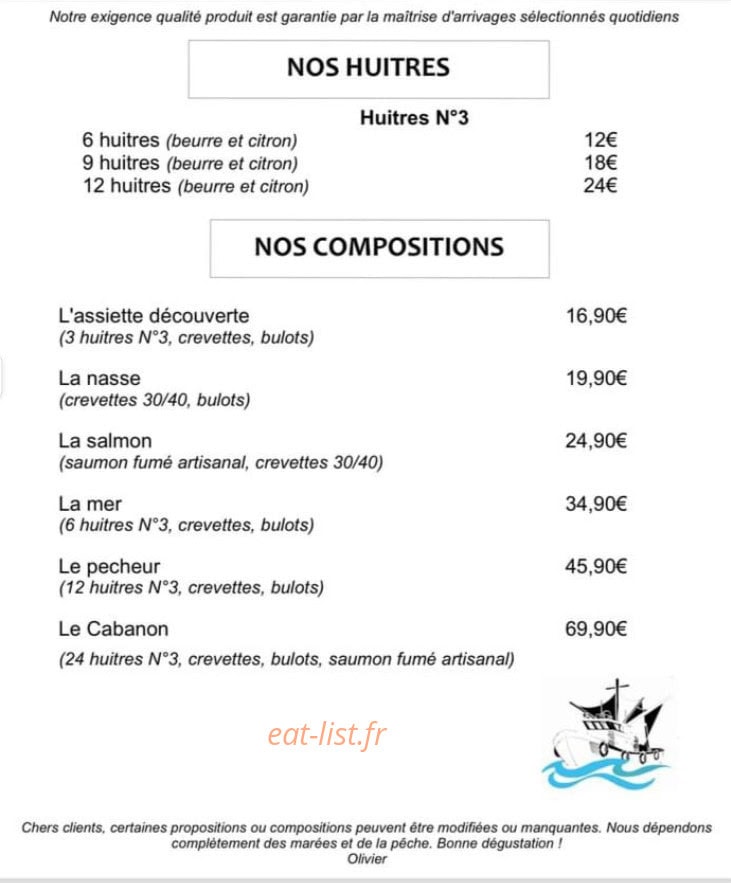 Carte et menu de La Cabane d'Olivier à Gratentour — Les huitres et compositions