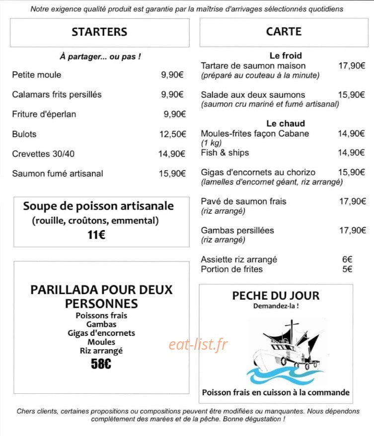 Carte et menu de La Cabane d'Olivier à Gratentour — Les starters et carte