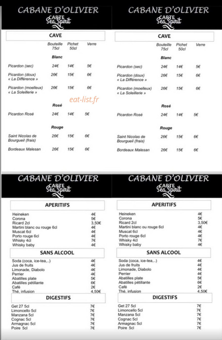 Carte et menu de La Cabane d'Olivier à Gratentour — Les boissons et vins