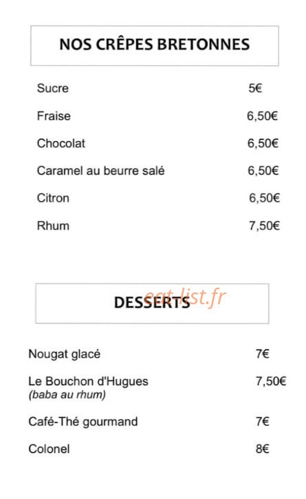 Carte et menu de La Cabane d'Olivier à Gratentour — Les crêpes et desserts