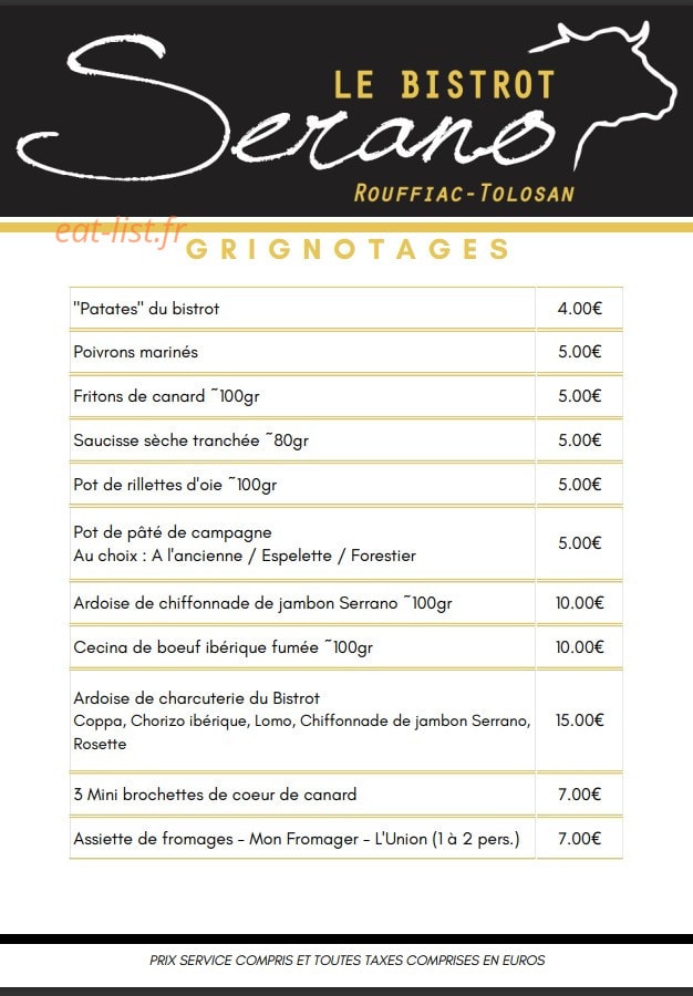 Le Bistrot Serano — carte page 1