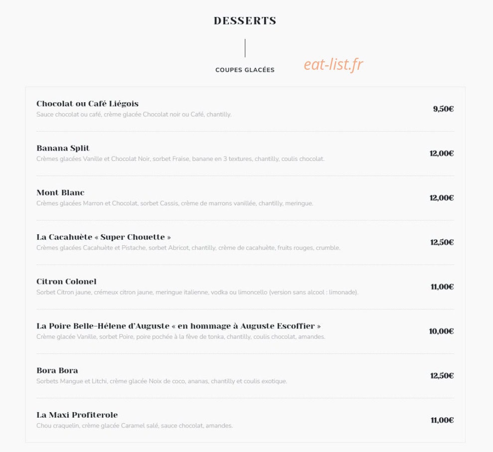 Carte et menu de Monsieur Faur à Cazeres — Les desserts