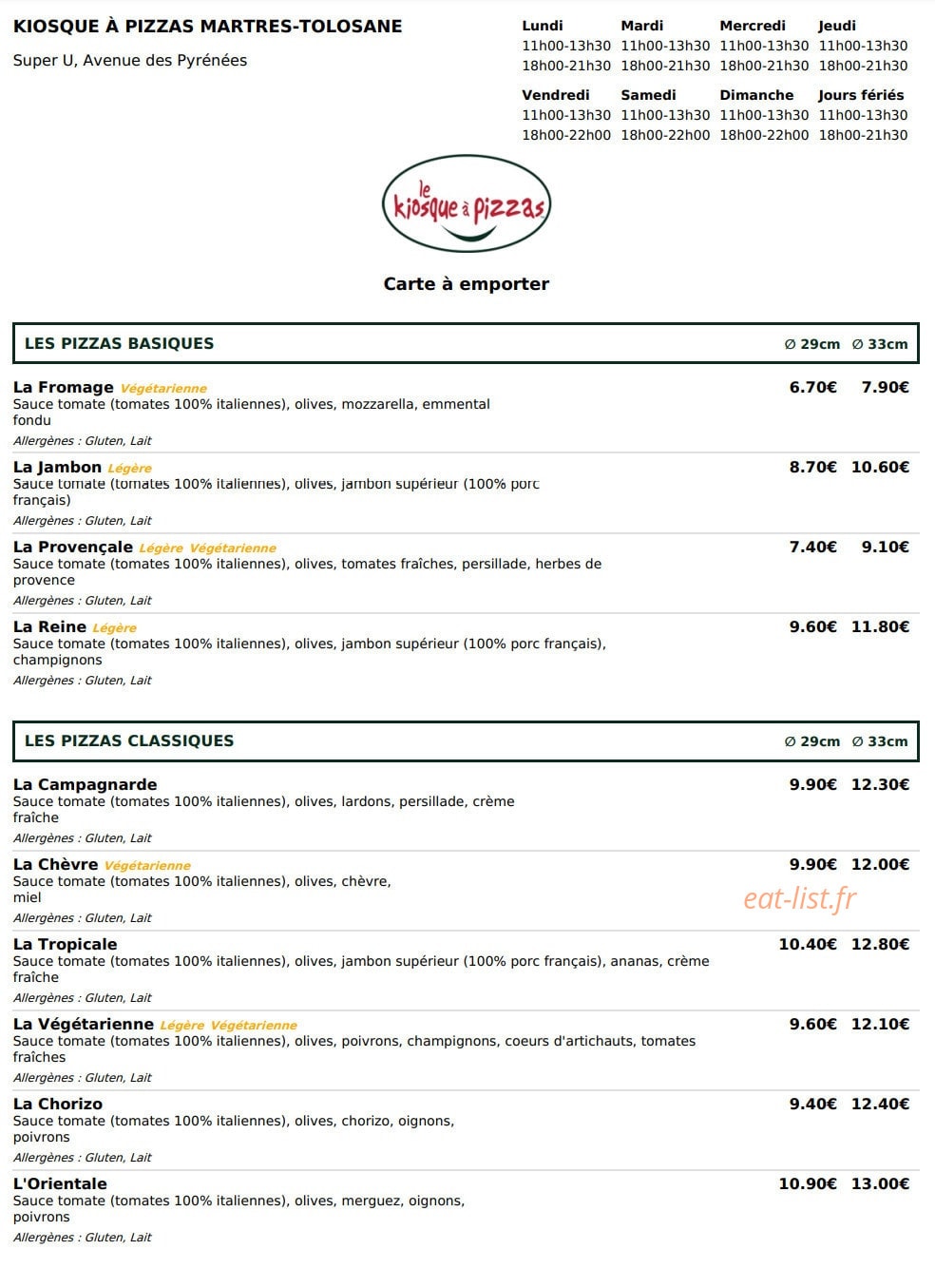 Le Kiosque à Pizzas — carte page 1