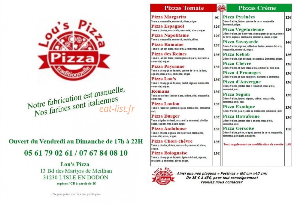 Lou's pizza — carte page 1