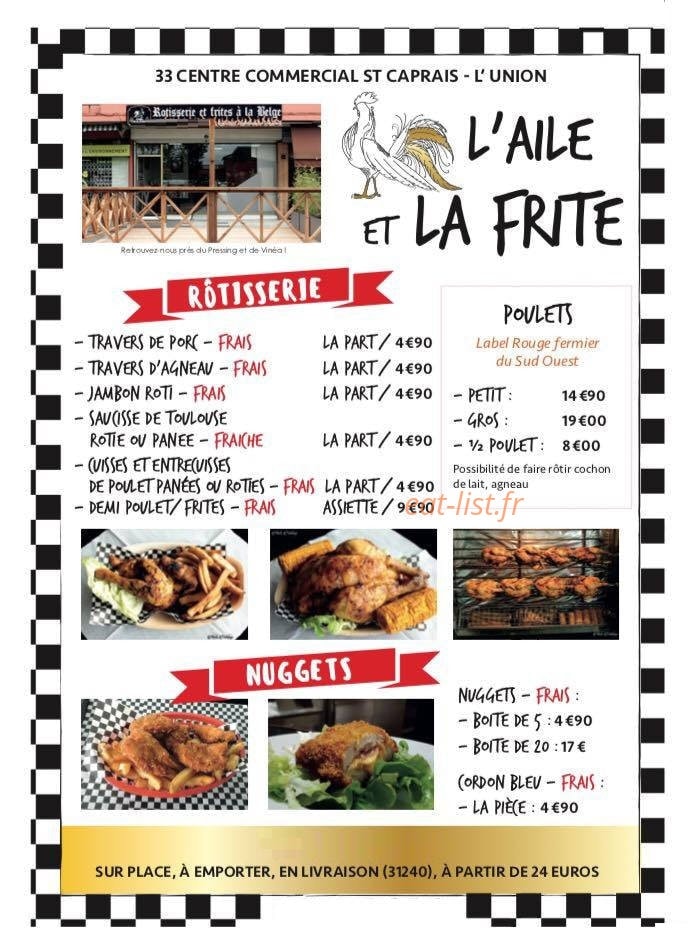 Carte et menu de L'aile Et La Frite à L' Union — poulets, nuggets...