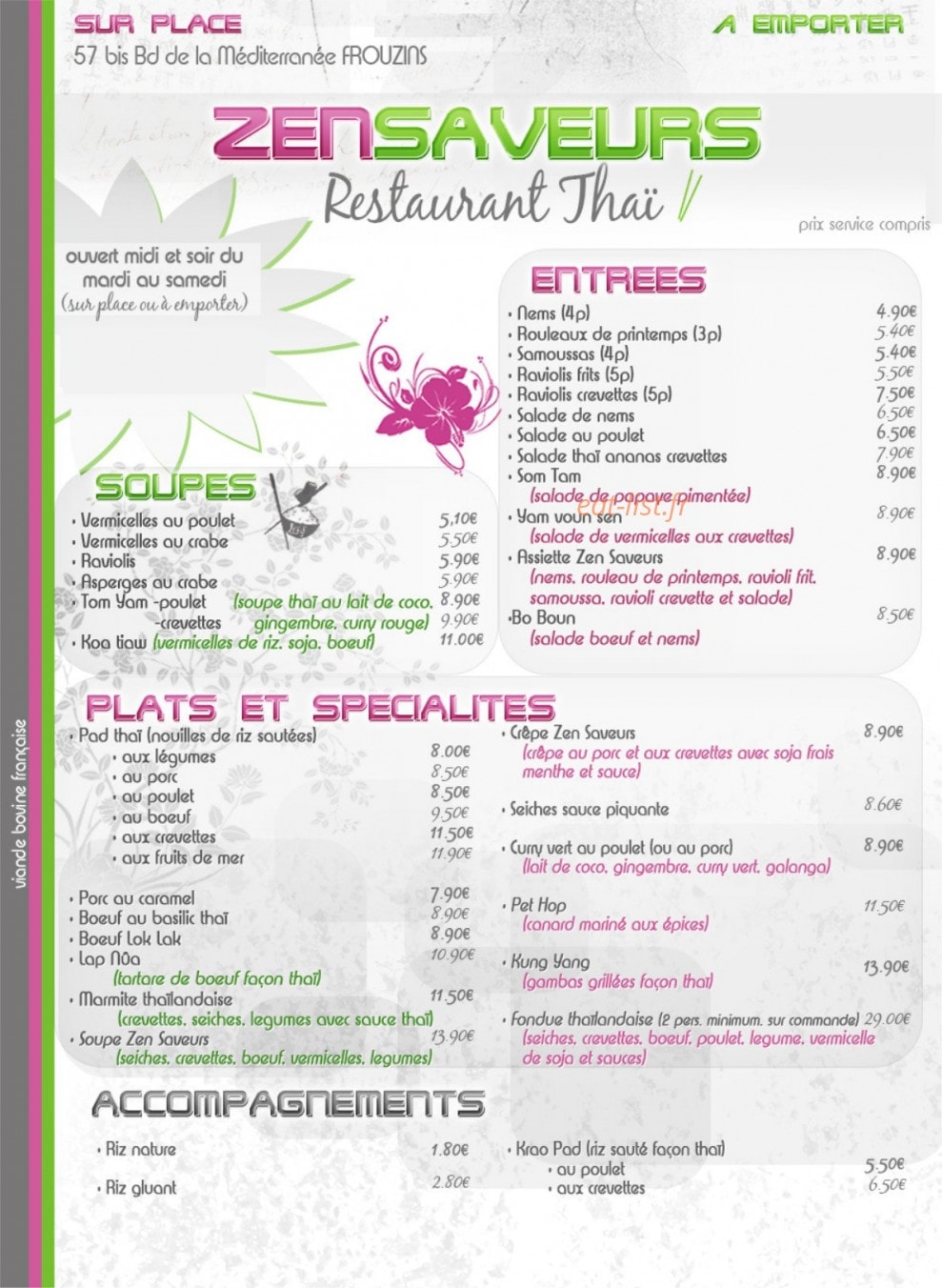 Zen Saveurs — carte page 1