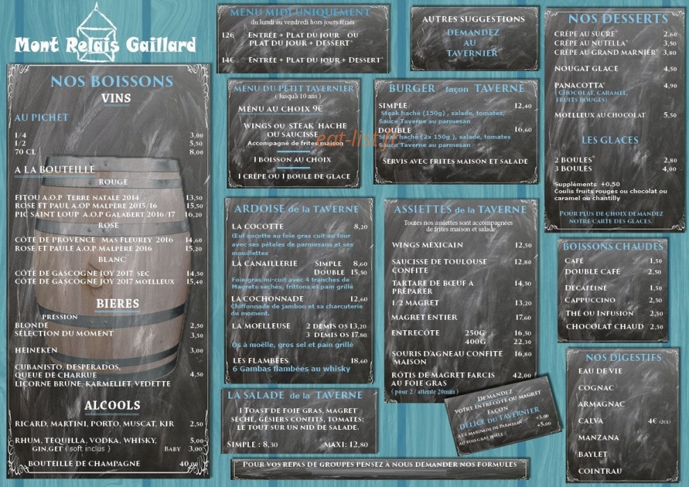Carte et menu de Mont Relais Gaillard à Montgaillard Lauragais — Vins, menus, burgers,..