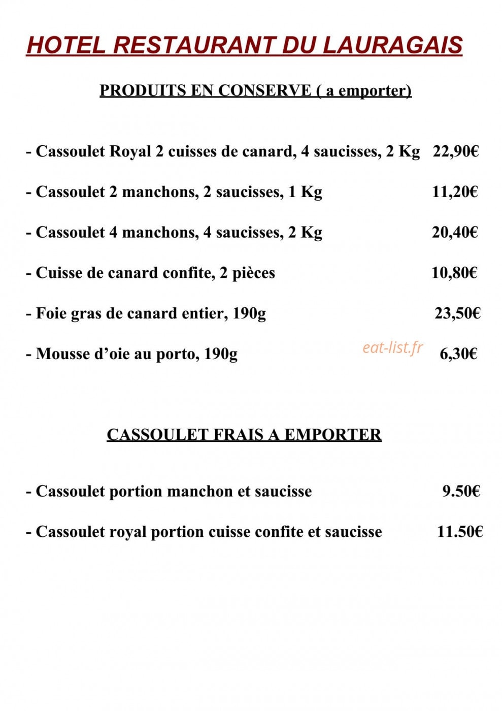 Hôtel  Restaurant du Lauragais — carte page 1