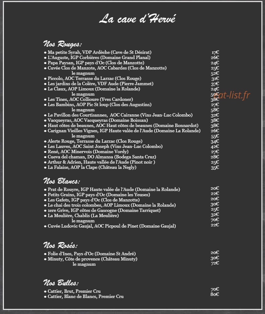 Carte et menu de Le Maquignon à Villefranche de Lauragais — La cave d'Hervé
