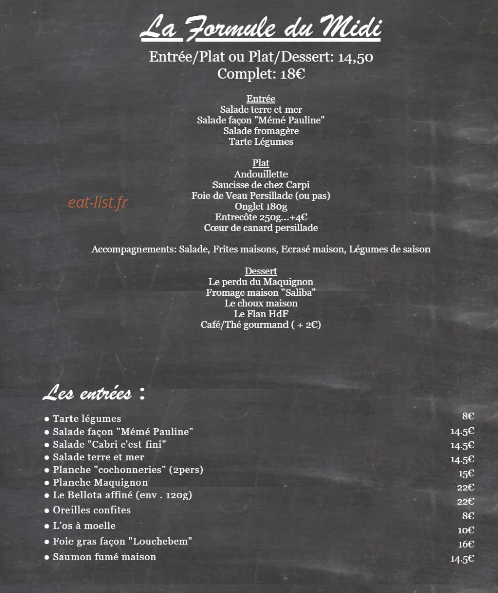 Carte et menu de Le Maquignon à Villefranche de Lauragais — Les formules, entrées