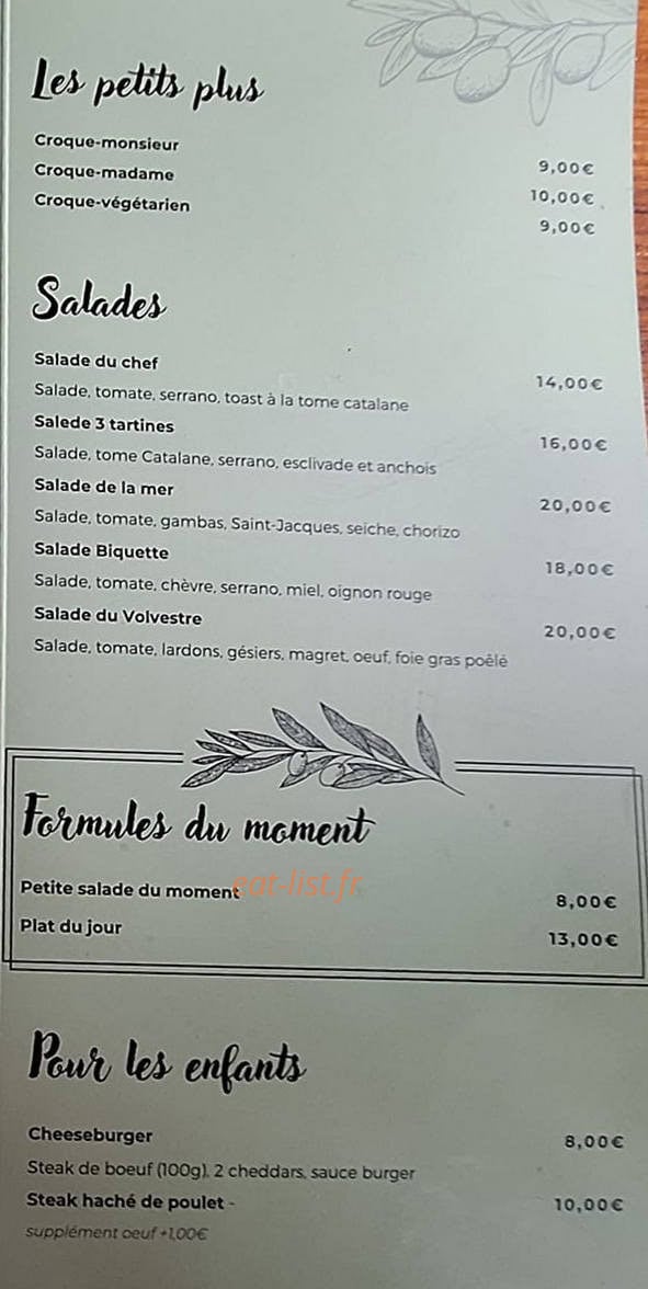 Carte et menu de La Brocante De L'Olivier à Montesquieu Volvestre — Les salades, formules et menu enfant,...