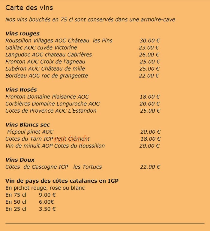Carte et menu de Resto de La Halle à Montesquieu Volvestre — La carte des vins
