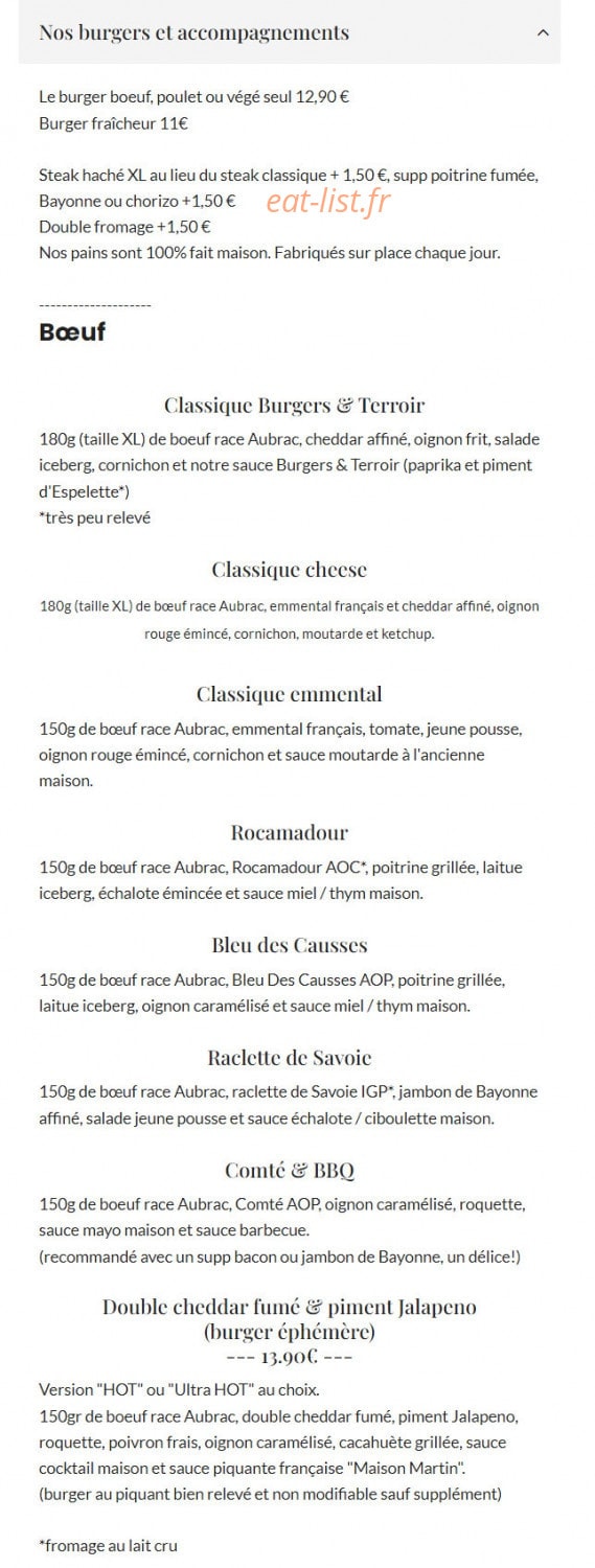 Burgers & Terroir — carte page 2