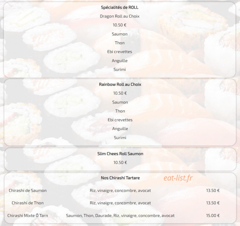 Carte et menu de Ô tarn sushi à Villemur sur Tarn — Spécialités de roll, rainbow roll au choix et chirashi tartare,..