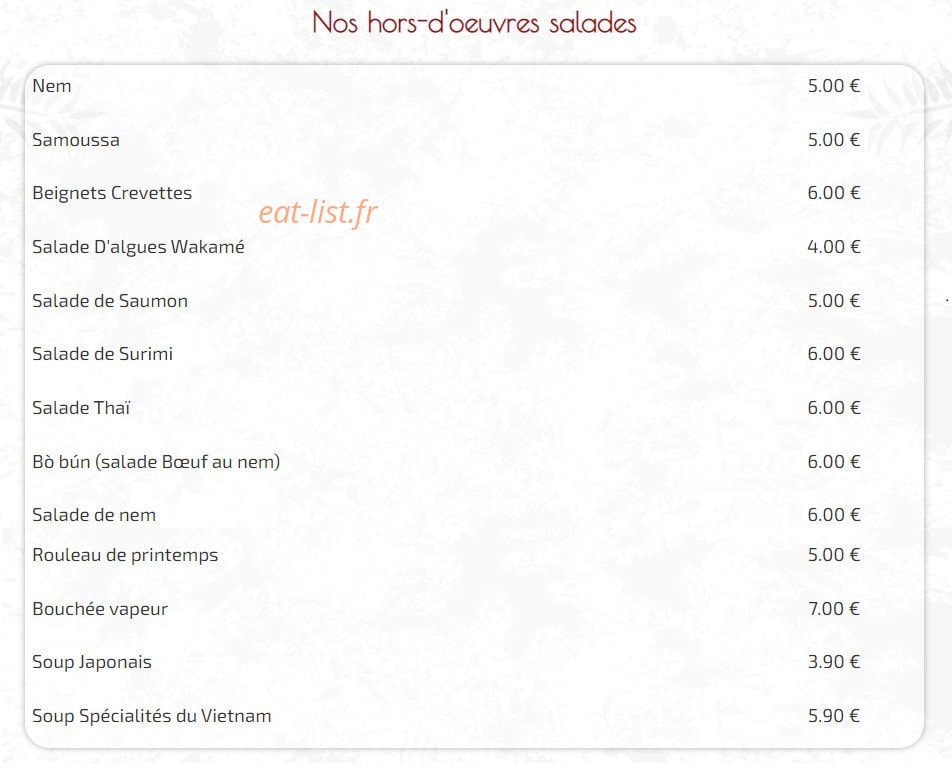 Carte et menu de Ô tarn sushi à Villemur sur Tarn — Les hors-d'oeuvres salades