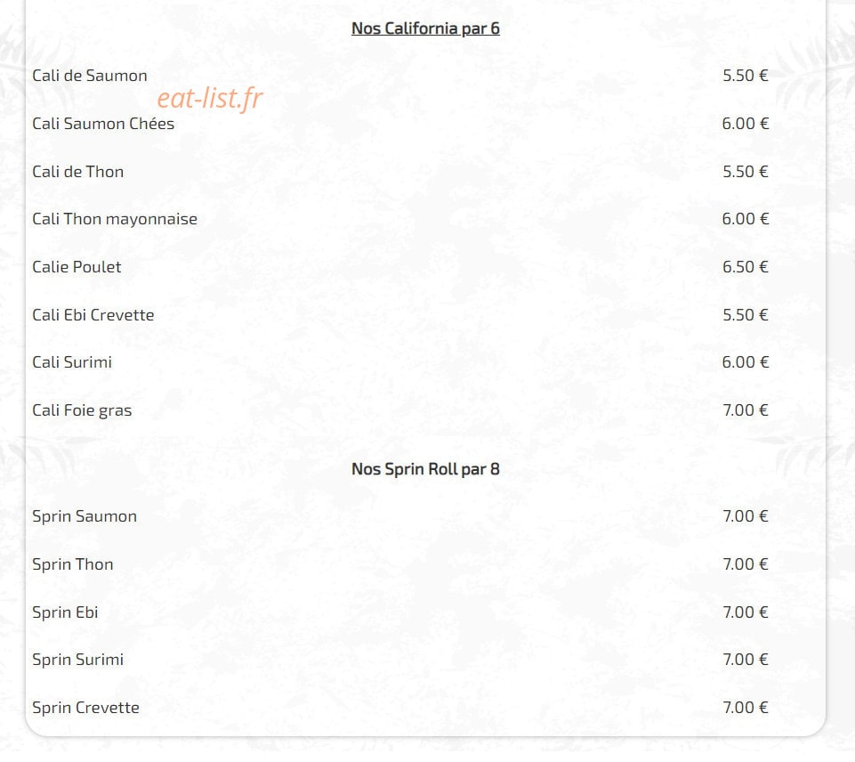 Carte et menu de Ô tarn sushi à Villemur sur Tarn — California et sprin roll