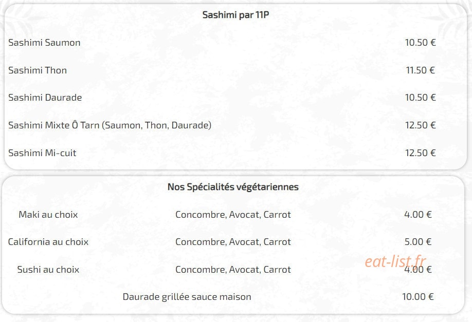 Carte et menu de Ô tarn sushi à Villemur sur Tarn — Sashimi et spécialités végétariennes