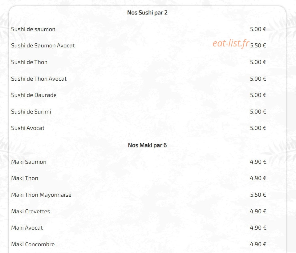 Carte et menu de Ô tarn sushi à Villemur sur Tarn — Sushi et maki