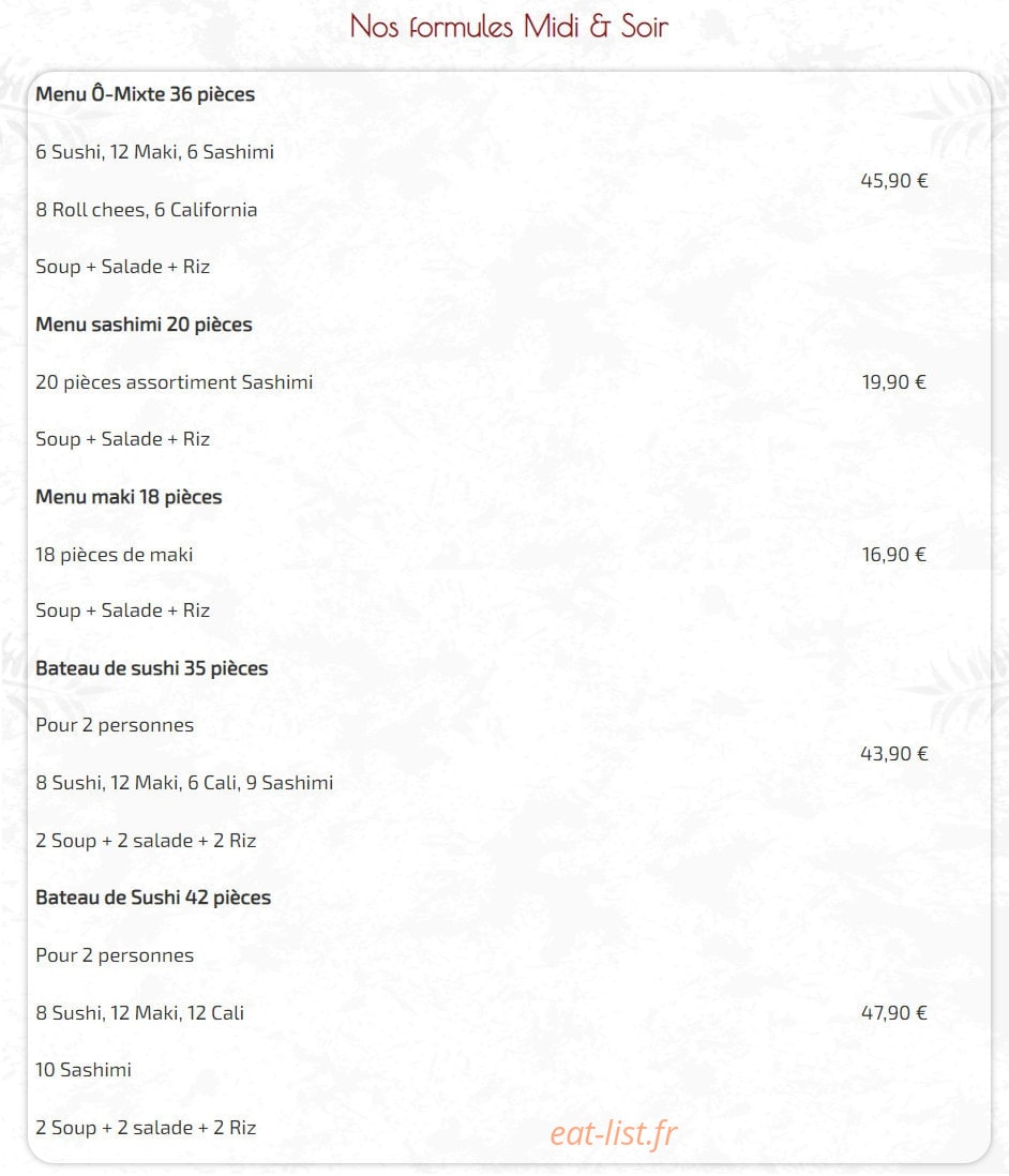 Carte et menu de Ô tarn sushi à Villemur sur Tarn — formules midi et soir