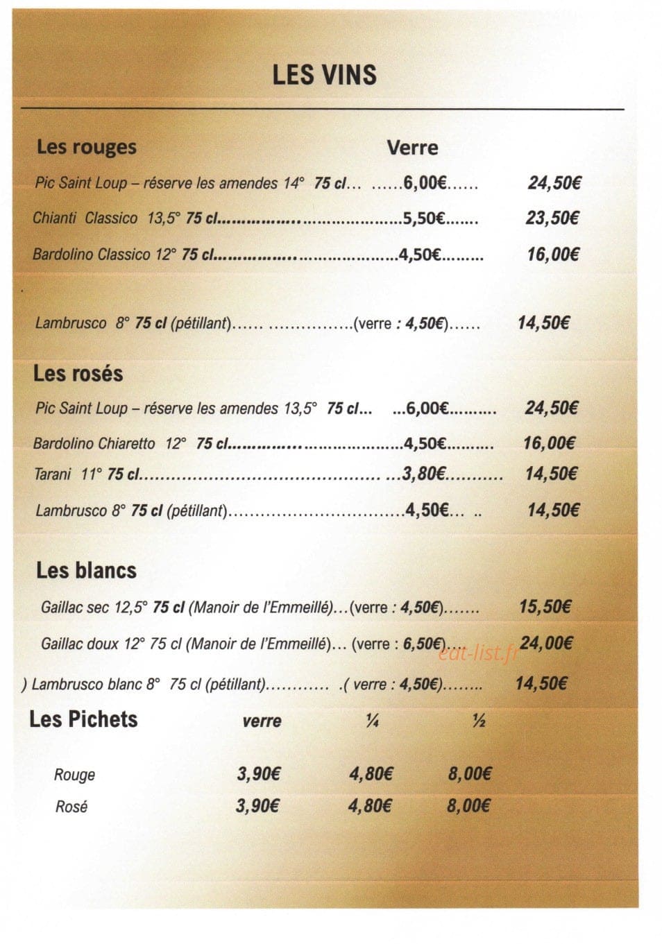 Carte et menu de Delizia Di Marco à Montastruc la Conseillere — Les vins