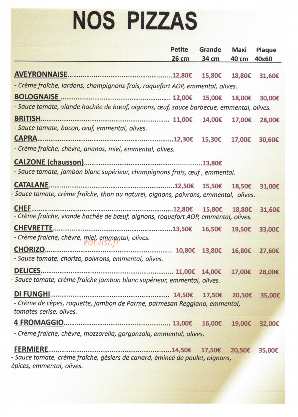 Carte et menu de Delizia Di Marco à Montastruc la Conseillere — Pizza à emporter