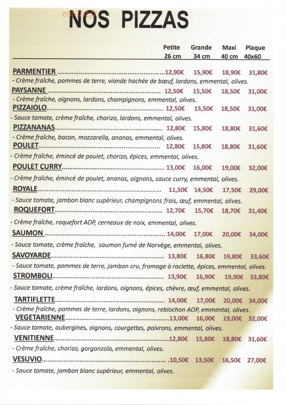Carte et menu de Delizia Di Marco à Montastruc la Conseillere — Pizza à emporter page 3