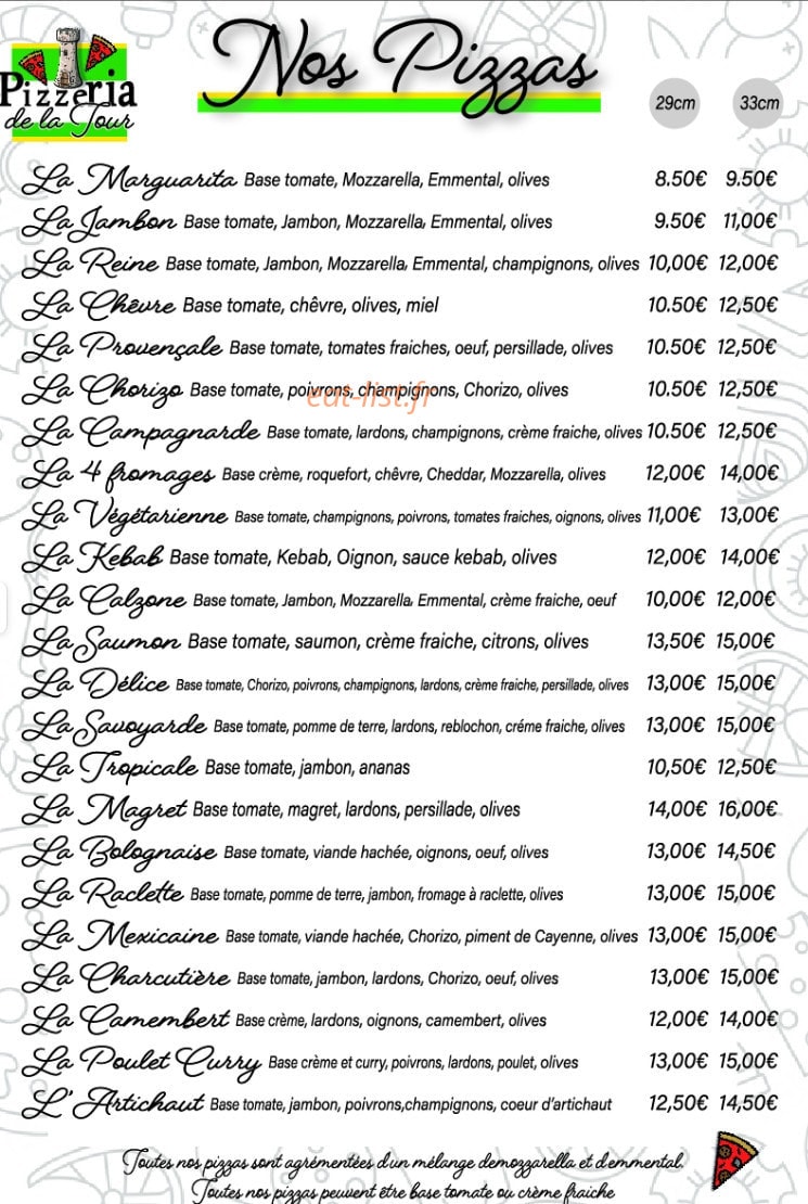 Pizzeria de la Tour — carte page 1