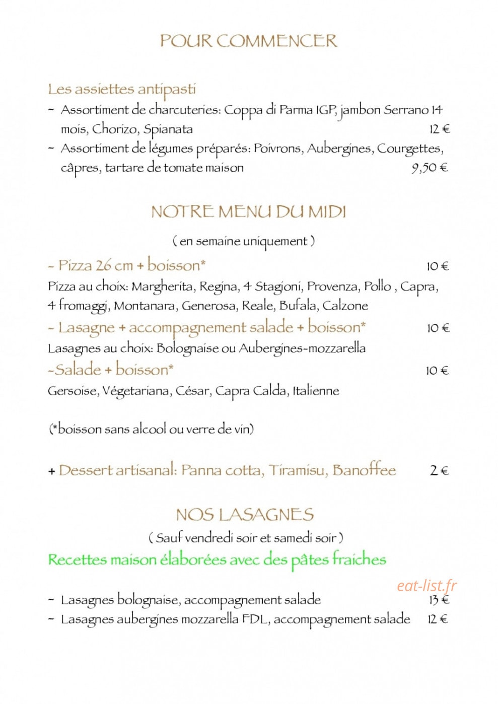 Vilano Pizza — carte page 1