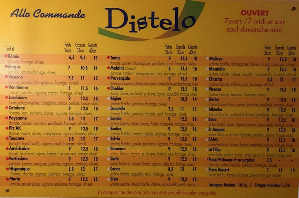 Distelo Pizza — carte page 1
