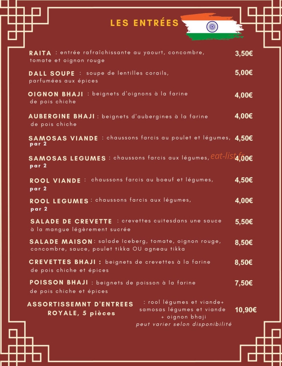 Restaurant Indien Madrasi — carte page 1