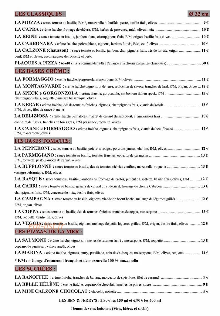 B'ko pizza — carte page 1
